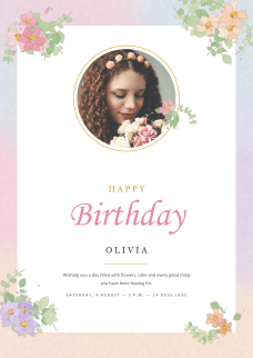 Póster de cumpleaños feliz con acuarelas florales