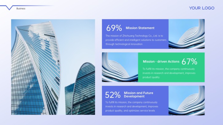 Lumina Systems onboarding mission metrics slide with building collage and three percentages