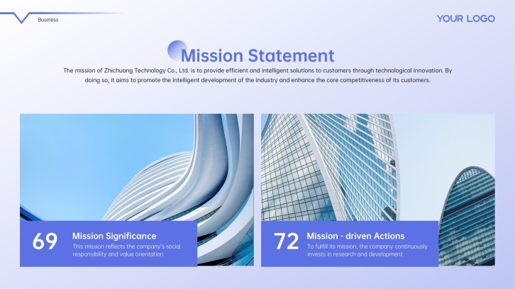 Lumina Systems onboarding mission statement slide with modern architecture images and two metrics
