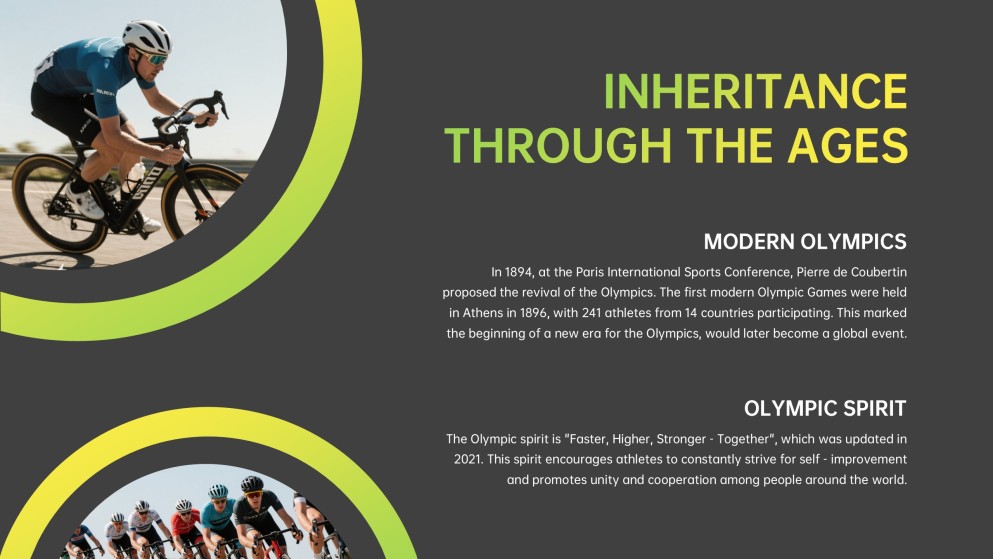 活気に満ちたオリンピックゲームプレゼンテーションテンプレート：黄色と緑