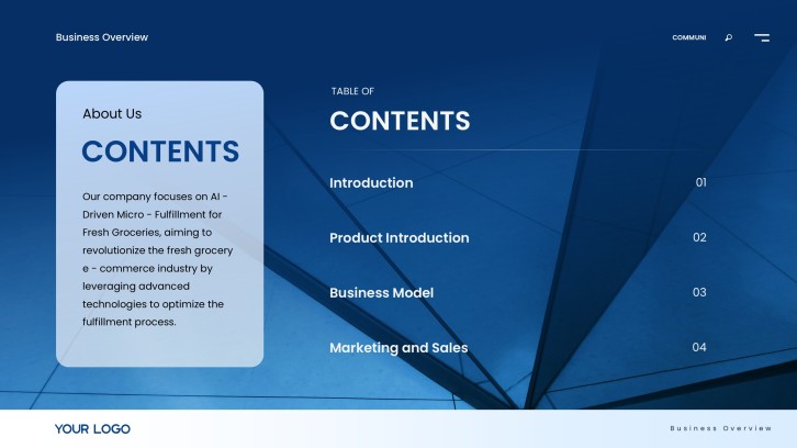 FreshRoute executive summary contents slide