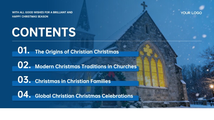 Contents slide over a snowy church with four blue section bars