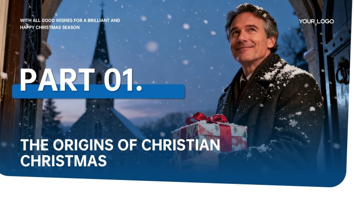 Part one divider with a man carrying a gift in falling snow