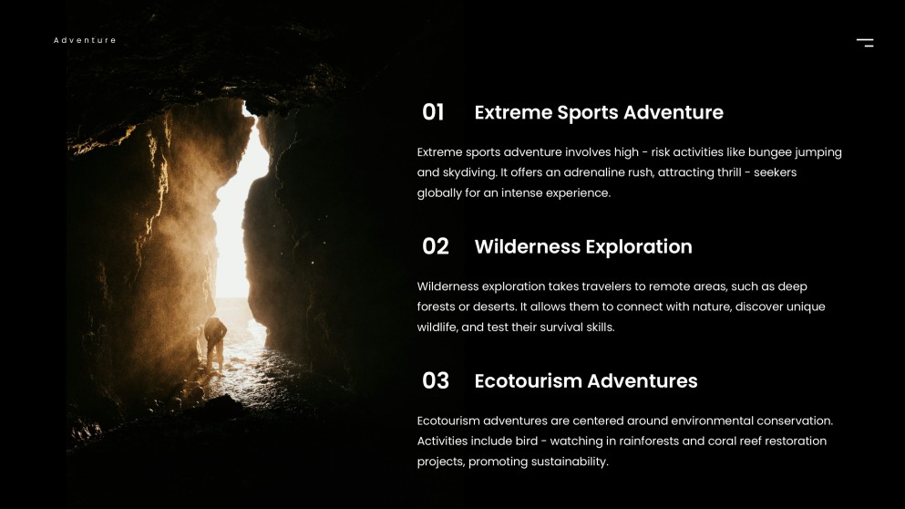 Schwarz-Weiß Minimalistischer Stil Abenteuer Tourismus PPT Vorlage