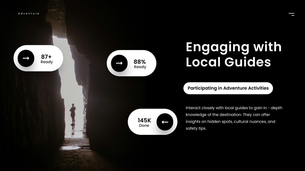 Schwarz-Weiß Minimalistischer Stil Abenteuer Tourismus PPT Vorlage