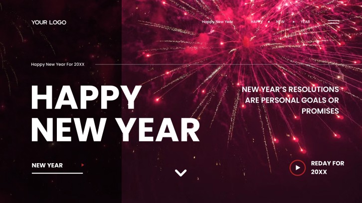 Modèle de Nouvel An Rouge Étincelant avec Feux d'Artifice