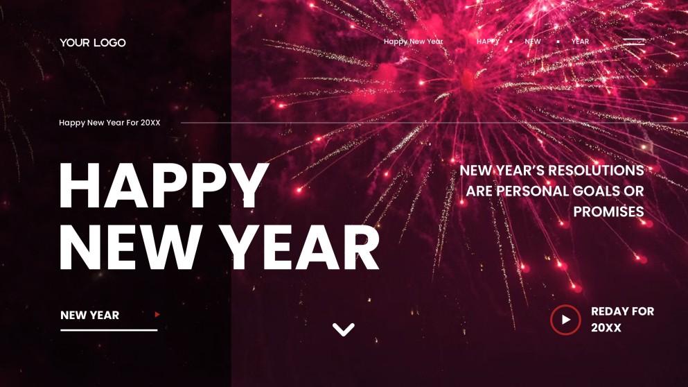 Kumikinang na Pula na Template ng Bagong Taon na may Paputok