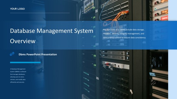 Plantilla de presentación del sistema de gestión de bases de datos con gradiente azul oscuro elegante