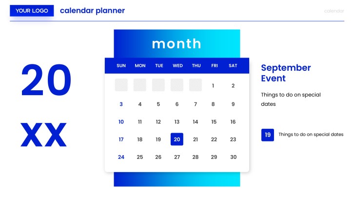 Monthly calendar context slide for weekly lesson planning