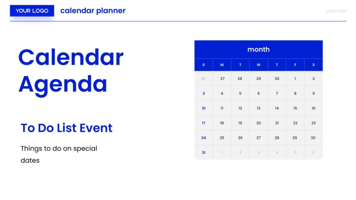 Calendar agenda and weekly lesson to-do list slide