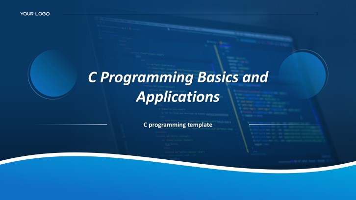 ダークブルー クリーンテックスタイル Cプログラミング PPTテンプレート コード付き