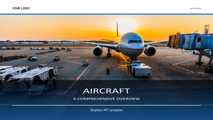 洗練された翼のグラフィックを備えたプロフェッショナルな青い飛行機のPPTテンプレート