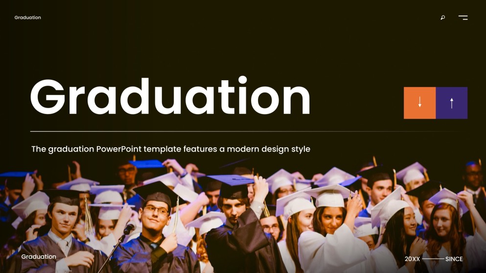 Templat PowerPoint Graduasi Ungu menampilkan Gradien Pemandangan Kampus