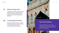 Templat PowerPoint Graduasi Ungu menampilkan Gradien Pemandangan Kampus