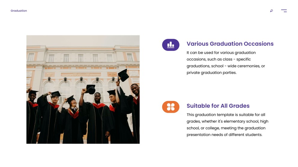 Templat PowerPoint Graduasi Ungu menampilkan Gradien Pemandangan Kampus