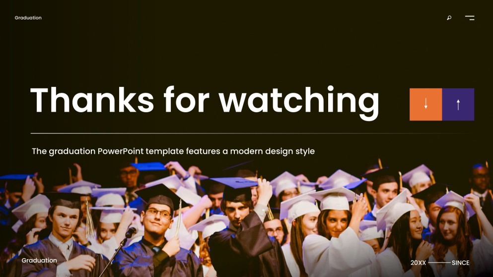 Templat PowerPoint Graduasi Ungu menampilkan Gradien Pemandangan Kampus