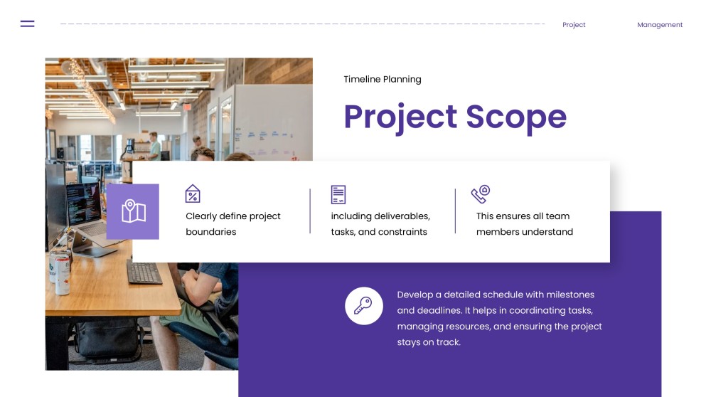 Purple Project Management Template with Organized Data Visualization