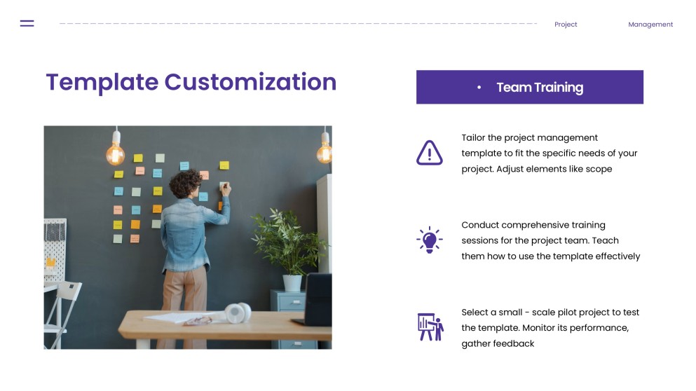 Purple Project Management Template with Organized Data Visualization
