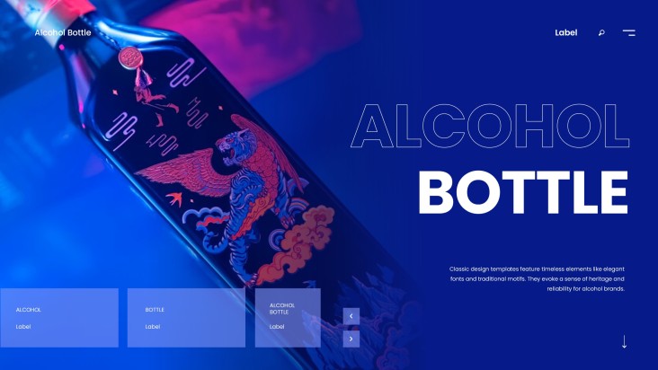 Plantilla de etiqueta de botella de alcohol artística azul con ilustraciones
