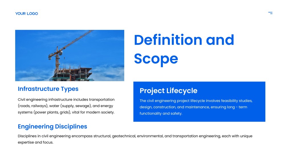Blue Civil Engineering PPT Template in Minimalist Urban Style