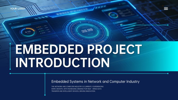 未来的な青の組み込みシステムPPTテンプレート視覚レイアウト