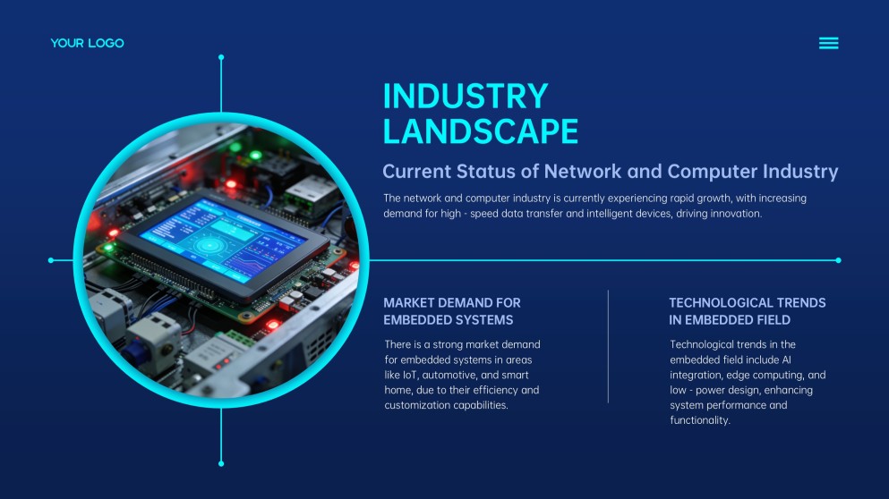 Modèle PPT de mise en page visuelle des systèmes embarqués futuristes bleus