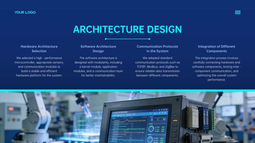 Modèle PPT de mise en page visuelle des systèmes embarqués futuristes bleus