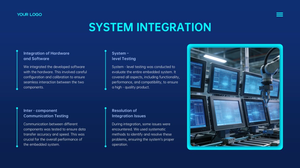 Modèle PPT de mise en page visuelle des systèmes embarqués futuristes bleus