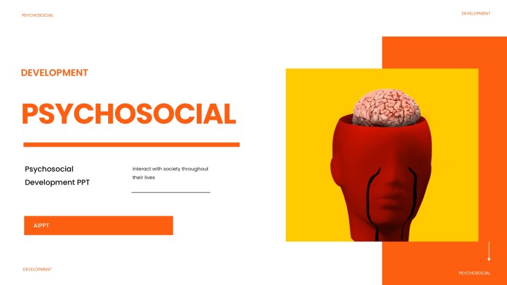 Orange Psychosocial Development PPT Template with Surreal Brain Imagery