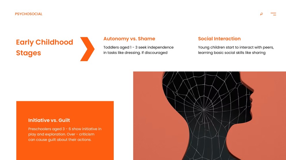 Orange Psychosocial Development PPT Template with Surreal Brain Imagery