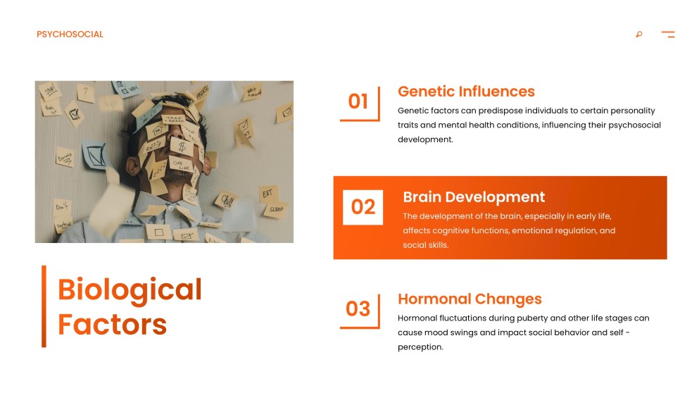 Orange Psychosocial Development PPT Template with Surreal Brain Imagery