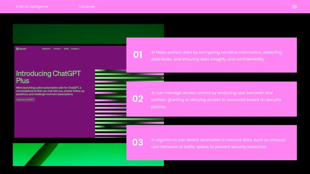 ปัญญาประดิษฐ์แห่งอนาคตสีดำและสีชมพูในแม่แบบพาวเวอร์พอยต์คอมพิวเตอร์