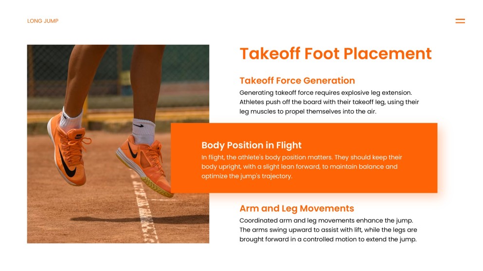 アスレチック要素を取り入れたオレンジエネルギッシュな走り幅跳びPPTテンプレート