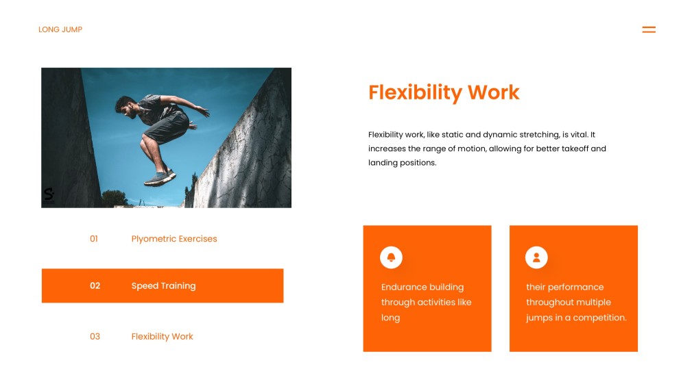 アスレチック要素を取り入れたオレンジエネルギッシュな走り幅跳びPPTテンプレート
