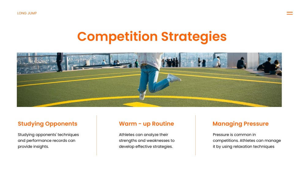 アスレチック要素を取り入れたオレンジエネルギッシュな走り幅跳びPPTテンプレート