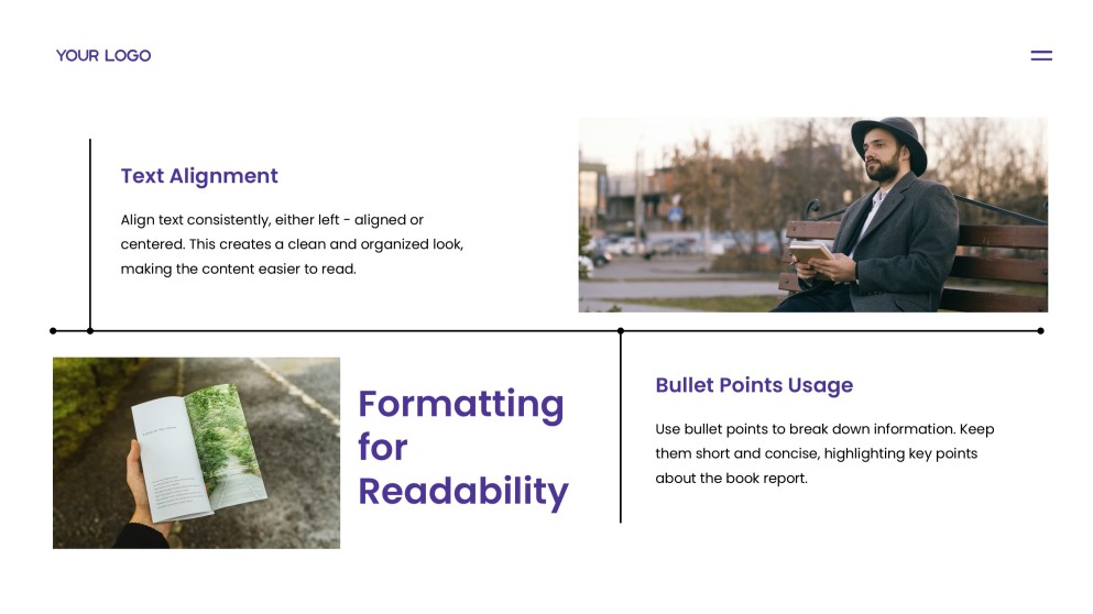 Plantilla de Google Slides para Informe de Libro de Estilo Minimalista Púrpura-Naranja