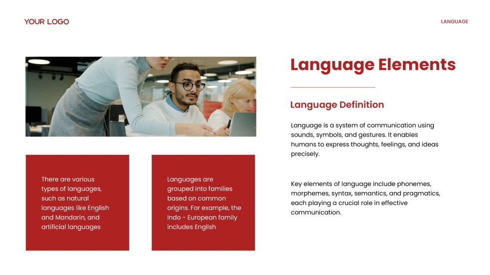 Plantilla de PPT de Teorías Académicas del Desarrollo del Lenguaje en Rojo y Amarillo