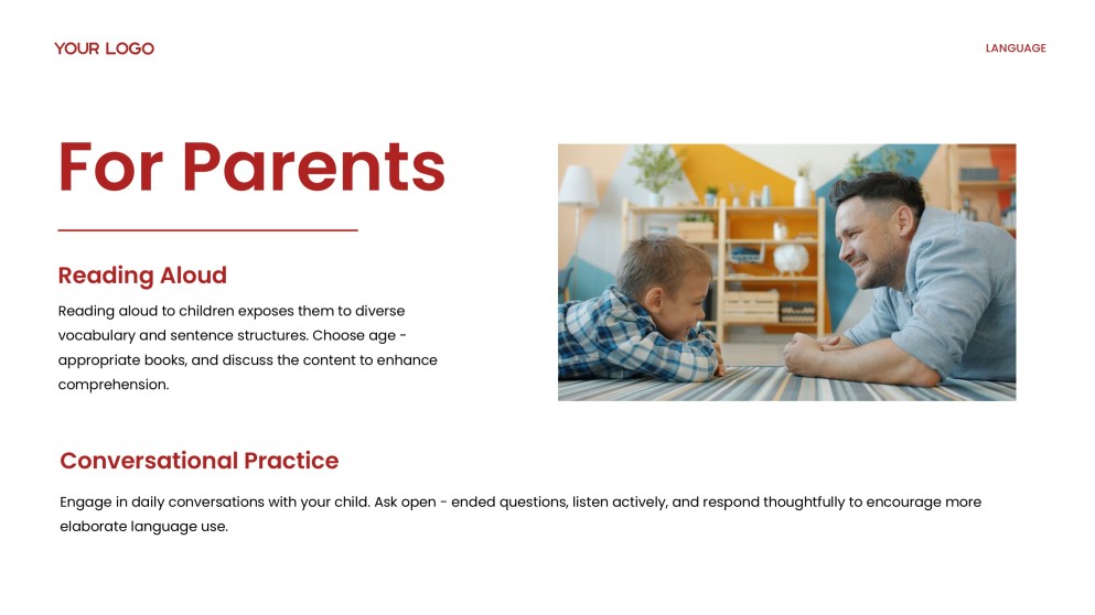 Plantilla de PPT de Teorías Académicas del Desarrollo del Lenguaje en Rojo y Amarillo