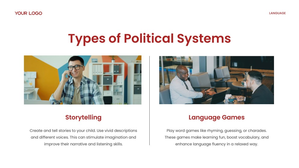 Plantilla de PPT de Teorías Académicas del Desarrollo del Lenguaje en Rojo y Amarillo