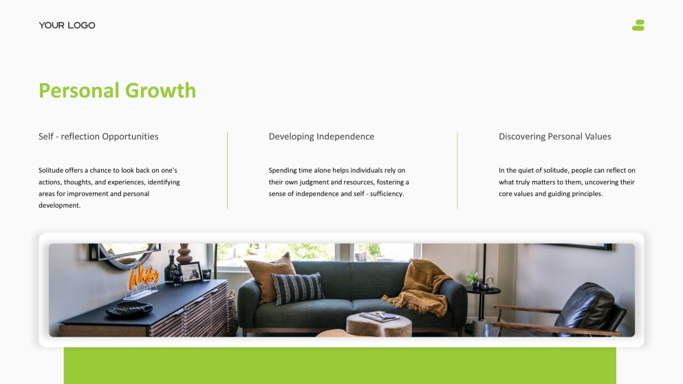 Зеленый и белый минималистичный дзен-шаблон PPT для личного пространства