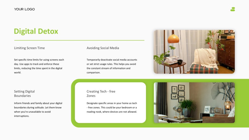 Зеленый и белый минималистичный дзен-шаблон PPT для личного пространства