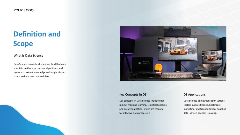 Blue Business Data Science PPT Template with Modern Workspace Photography