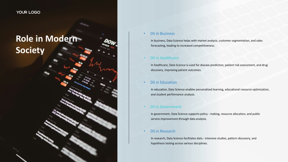 Blue Business Data Science PPT Template with Modern Workspace Photography