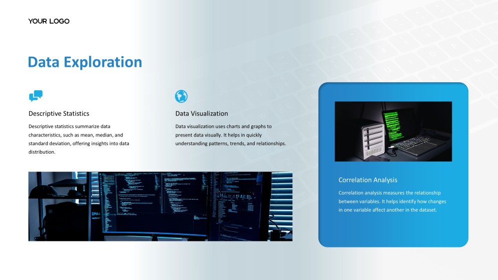 Blue Business Data Science PPT Template with Modern Workspace Photography