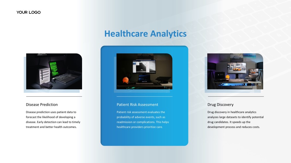 Blue Business Data Science PPT Template with Modern Workspace Photography