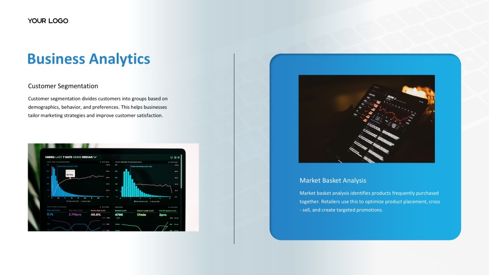 Blue Business Data Science PPT Template with Modern Workspace Photography