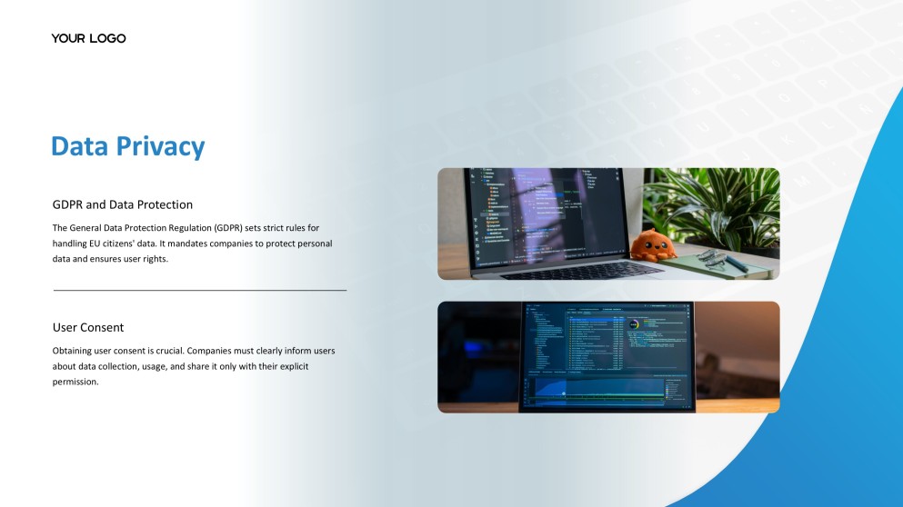Blue Business Data Science PPT Template with Modern Workspace Photography