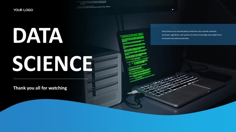 Blue Business Data Science PPT Template with Modern Workspace Photography