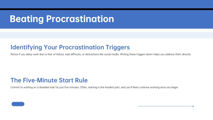 Slide 6: Procrastination Patterns slide for a student progress presentation