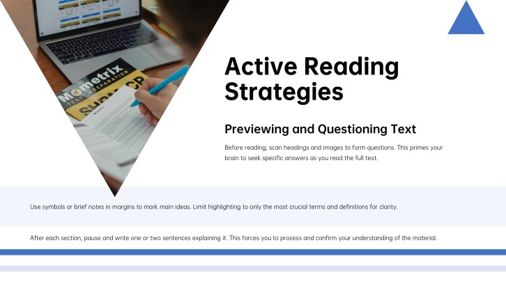 Slide 8: Active Reading Strategies slide for a student progress presentation